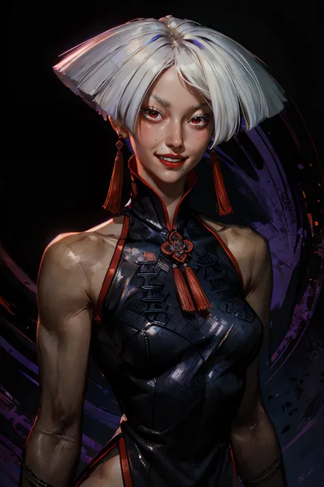 AKI, white hair, red eyes, red earrings,red lips,chinese clothes, black dress, long sleeves, pelvic curtain, looking at viewer, evil grin, upper body shot,  deep shadow, portrait, dark background, purple theme, abstract, illustration, high quality, masterp...