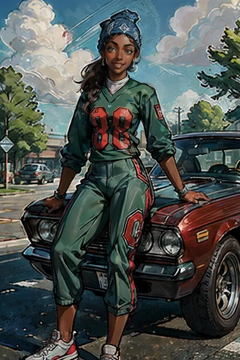 painting of a woman in a green outfit sitting on a car