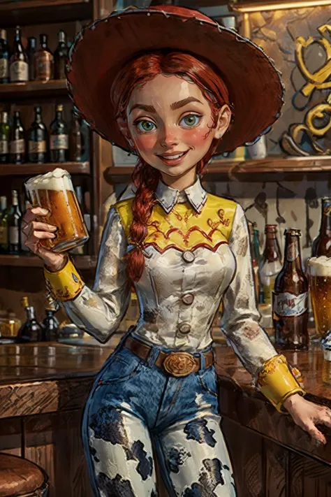 araffe dressed in a cowboy outfit holding a beer in a bar