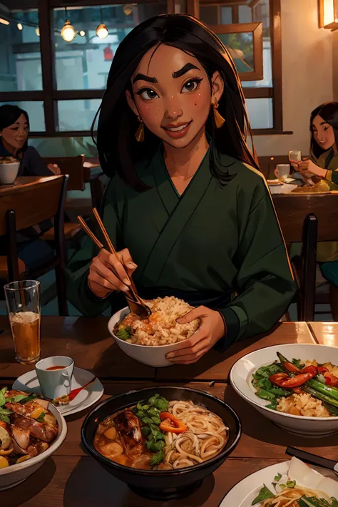 Mulan, long black hair, black eyes, long sleeves, dress, black eyes,  green shirt
looking at viewer, smiling, sitting inside a cozy restaurant, table full of food, noodles, rice, grilled chicken, playful ambiance, high quality, masterpiece,   <lora:Mulan:....