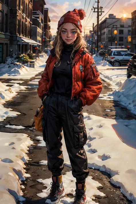 <lora:Ash:.8>, long blonde hair, large breasts, blue eyes, wearing a red jacket, turtleneck, beanie,black cargo pants, looking at viewer, smiling, blush, standing, medium shot, hands in pockets, outside, city, sidewalk, snow, snow pile, dusk, twilight sky, extreme detail, masterpiece