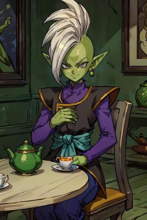 zamasu, colored skin, green skin, mohawk, white hair, grey eyes, pointy ears, single earring, green earring , looking at viewer, light smile, sitting, on chair, table, tea pot, tea cup, inside a cozy living room, natural lighting, high quality, masterpiece...