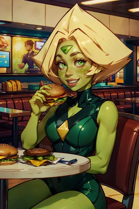 Peridot, green skin,green eyes, blonde hair, bodysuit,sleeveless, diamond (shape) on chest, looking at viewer, smiling, happy, blush, upper body shot,
sitting, on chair, behind a table, inside a fast food restaurant, (eating food), hamburger, playful ambiance, high quality, masterpiece, <lora:Peridot-10:.7>