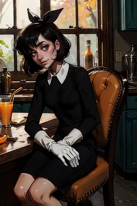 Susie, short black hair, black hair ribbon, black eyes,bags under eyes, pale skin, long black dress, white collar,black long sleeves, white gloves, looking at viewer, wavy mouth, medium shot, sitting, behind a table, inside a messy kitchen, holding a glass of orange juice, high quality, masterpiece <lora:Susie:.8>