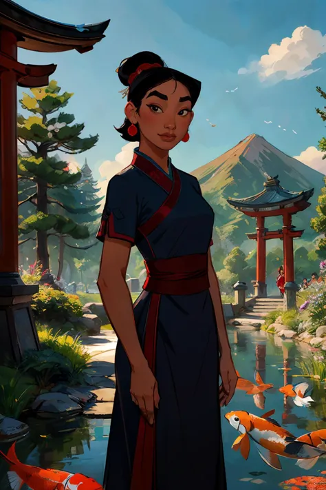 Mulan, black hair, hair bun, black eyes, black chinese dress, short sleeves, makeup,looking at viewer, serious, smirk, upper body shot, standing, outside, garden, red torii, koi pond, trees, mountain, blue sky, high quality, masterpiece,   <lora:Mulan:.7>