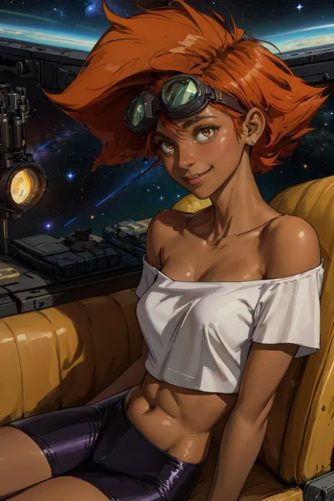 Edward,midriff,orange hair,white shirt,off shoulder,collarbone,dark skin, smile,
bike shorts,goggles on,(goggles around eyes,),toned,lounging,
space station,couch,
upper body,sitting,
(insanely detailed, beautiful detailed face, masterpiece, best quality),...