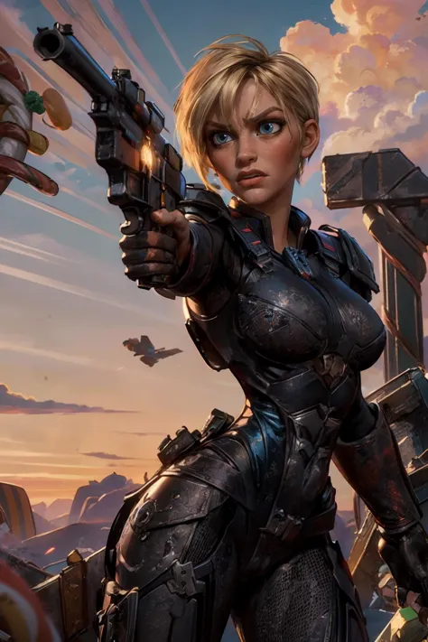 a close up of a woman holding a gun in a futuristic setting