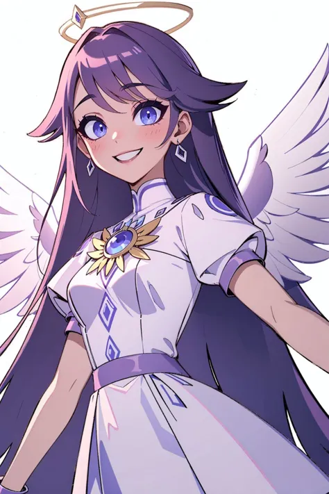 1girl, emily, long purple hair, wings, blush, white dress, halo, angel, smile, (eye brooch:1.1), <lora:detail_slider_v4:1.25>, Masterpiece, best quality, detailed background, intricate details, detailed, <lora:Emily_LeonidMax:0.62>