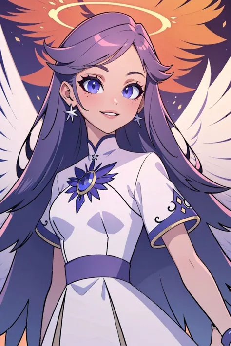 1girl, emily, long purple hair, wings, blush, white dress, halo, angel, smile, (eye brooch:1.1), <lora:detail_slider_v4:1.25>, Masterpiece, best quality, detailed background, intricate details, detailed, <lora:Emily_LeonidMax:0.62>