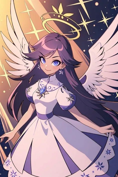 1girl, emily, long purple hair, wings, blush, white dress, halo, angel, smile, (eye brooch:1.1), <lora:detail_slider_v4:1.25>, Masterpiece, best quality, detailed background, intricate details, detailed, <lora:Emily_LeonidMax:0.62>