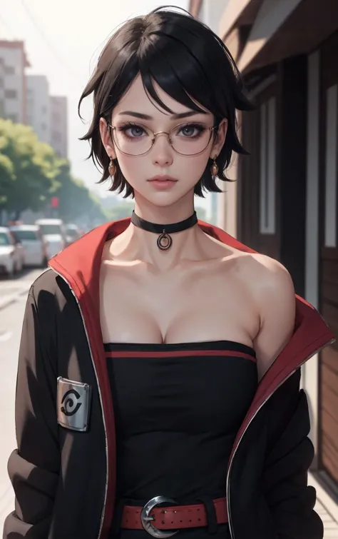 a woman with glasses and a black top is standing on the street