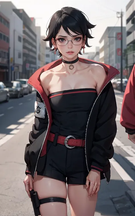 a woman in a black and red outfit standing on a street