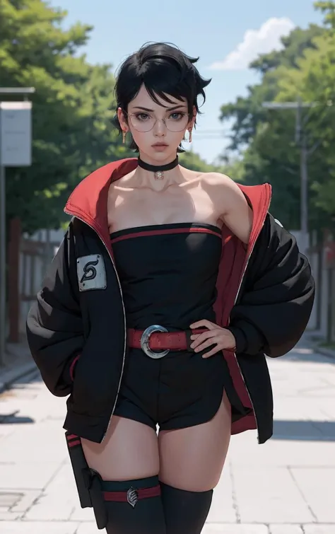 solo, cowboy shot, village, 
BARUTO_Timeskip_Uchiha_Sarada_ownwaifu, 
1girl, glasses, round eyewear, black hair, black eyes, bangs, swept bangs, short hair, lips, medium breasts, thighs,
black choker, earrings, jewelry, strapless, off shoulder, collarbone, red belt, open jacket, black jacket, black shorts, black dress, black footwear, long sleeves, leg warmers, socks, konohagakure symbol, thigh strap, thigh pouch,
<lora:BARUTO_Timeskip_Uchiha_Sarada_ownwaifu:1> ,
((masterpiece)),((best quality)),(highres), bokeh, depth_of_field, scenery, spotlight, focused, looking at viewer,