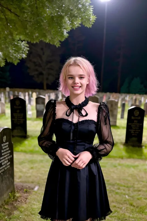 arafed woman in a black dress standing in a cemetery