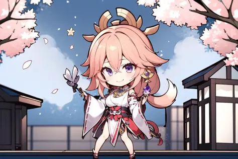 masterpiece, best quality, 1girl, <lora:yuzusoft-chibi:1>, solo, chibi, full body, genshin impact, yae miko, 1girl, animal ears, branch, breasts, cherry blossoms, closed mouth, cowboy shot, earrings, flower, fox ears, japanese clothes, jewelry, long hair, looking at viewer, medium breasts, nontraditional miko, outdoors, pink hair, purple eyes, purple flower, ribbon-trimmed sleeves, ribbon trim, sidelocks, smile, solo, wide sleeves, dynamic pose,  <lora:yaeMikoRealistic_yaemikoFull:0.6>
