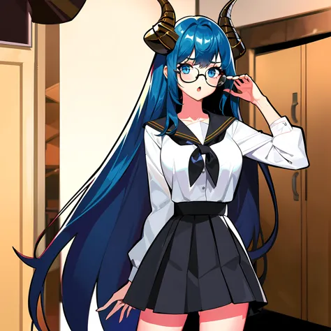 anime girl with blue hair and horns in a school uniform