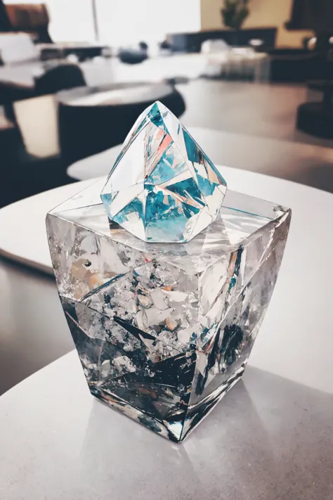 there is a crystal cube sitting on a table with ice