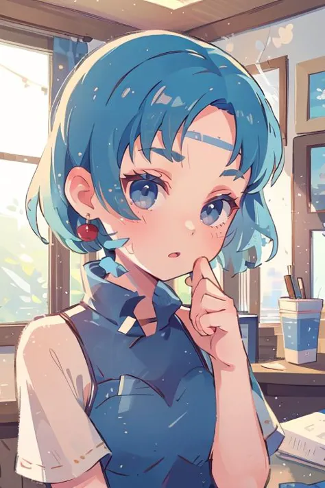 anime girl with blue hair and blue eyes sitting at a desk