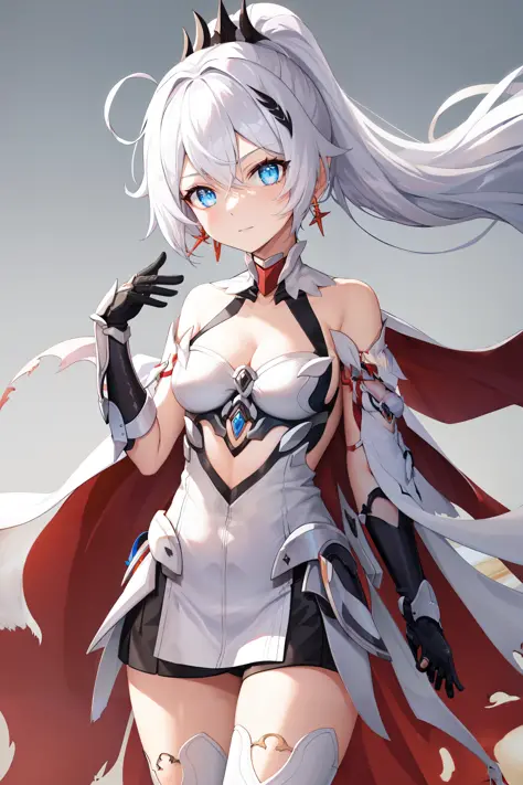 <lora:HOFV7:1>hof, 1girl, kiana kaslana, solo, small breasts, medium breasts, blue eyes, gauntlets, white hair, cleavage, jewelr...