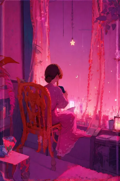 1girl, cat, solo, dress, phone, plant, window, long_hair, moon, wings, cellphone, crescent_moon, potted_plant, from_behind, indoors, brown_hair, computer, curtains, english_text, smartphone, holding_phone, holding, purple_dress, railing, night, animal, laptop, sky, balcony, angel_wings, black_cat, book, bookshelf, table, feathered_wings, cityscape, lens_flare, scenery, black_hair, cup, city, ribbon, glass, purple_theme, short_sleeves, white_cat, facing_away, chair, night_sky, digital_media_player, half_updo, drinking_glass, pink_dress, braid, city_lights, standing, building, desk, bow, string_phone, picture_frame, ponytail, earphones, star_\(sky\), back, ipod, white_wings, iphone, flower, transparent, calendar_\(object\), single_wing, rain, shelf, cover, sitting, skyscraper, clock, medium_hair, mug, angel, starry_sky, light_particles, short_hair, blonde_hair, sunlight, hair_ribbon, pink_theme, leaf, tree, open_window, pink_sky, morning, reflection, long_sleeves, artist_name, veil, bokeh, star_\(symbol\), sunset, photo_\(object\), skyline, lamp, shirt, backlighting <lora:whitedew-pynoiseloha:1>