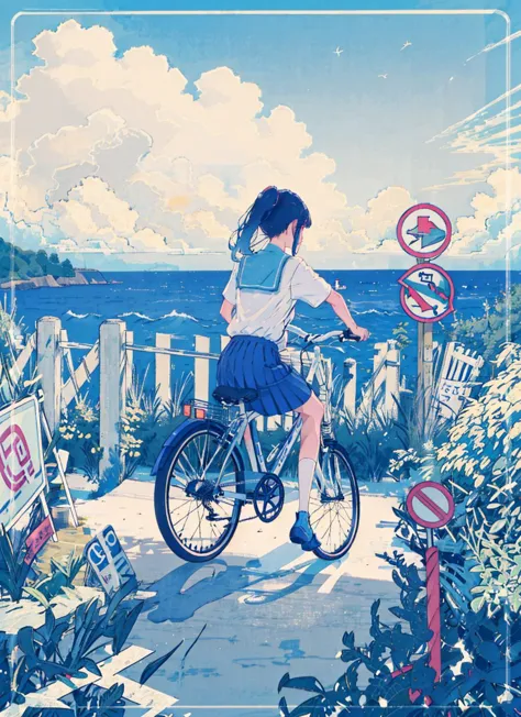 anime girl riding a bike on a path near the ocean