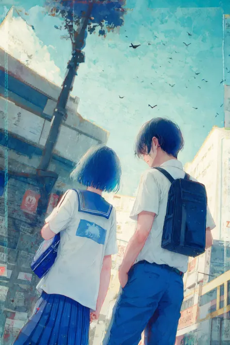 anime boy and girl walking down the street with backpacks