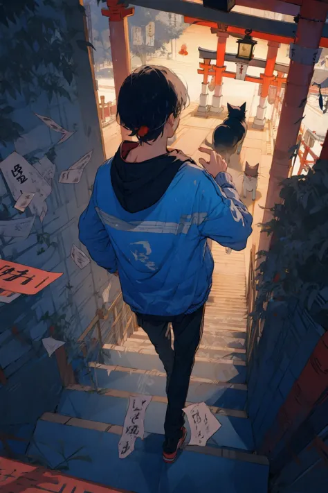 anime boy walking up stairs with a cat on his shoulder