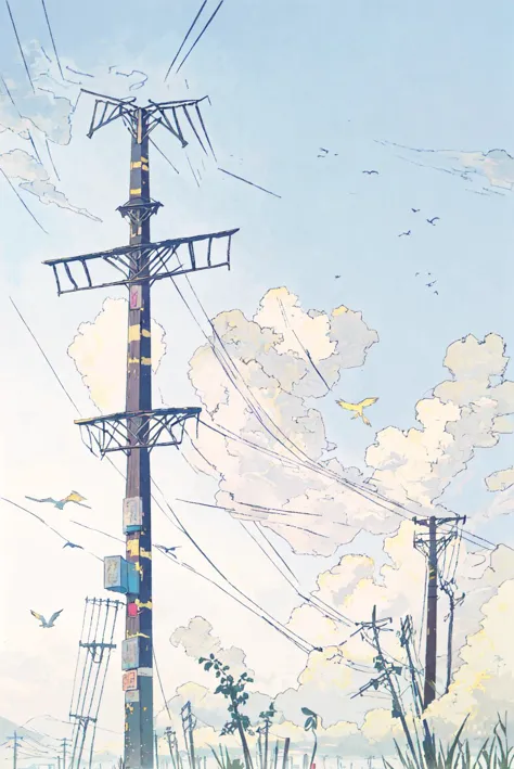 (utility pole:1.5), japan, neon, streets, plant, sky,wires,clouds,flying birds,(ligne claire:0.6),(((best quality))), (((masterpiece))), (((ultra-detailed)))  <lora:LohaWhiteDewStyle_lohaV10:0.9>