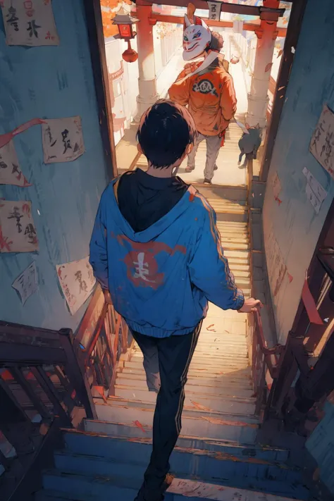 anime boy walking down a flight of stairs with a cat on his back