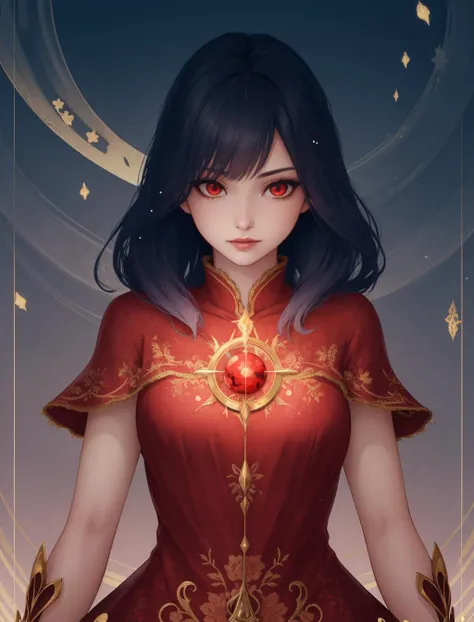 a woman in a red dress with a heart on her chest