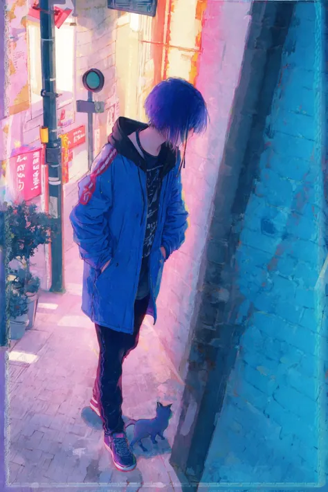 painting of a woman with blue hair and a cat on a city street