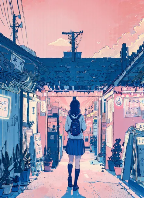 anime girl walking down a street in a city with a backpack