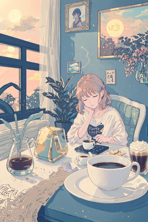 anime girl sitting at a table with a cup of coffee and a plate of food