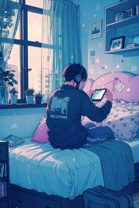 anime girl sitting on bed with headphones on and looking at her phone