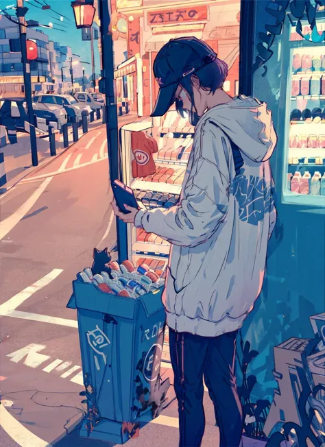 neon, 1boy, cat, vending machine, male focus, black cat, solo, pants, backpack, black pants, bag, hood, short hair, holding, jacket, long sleeves, outdoors, sign, standing, phone, trash can, hood down, wide shot, building, shadow, bottle, traffic cone, hat, hoodie, animal <lora:neon:1.1>