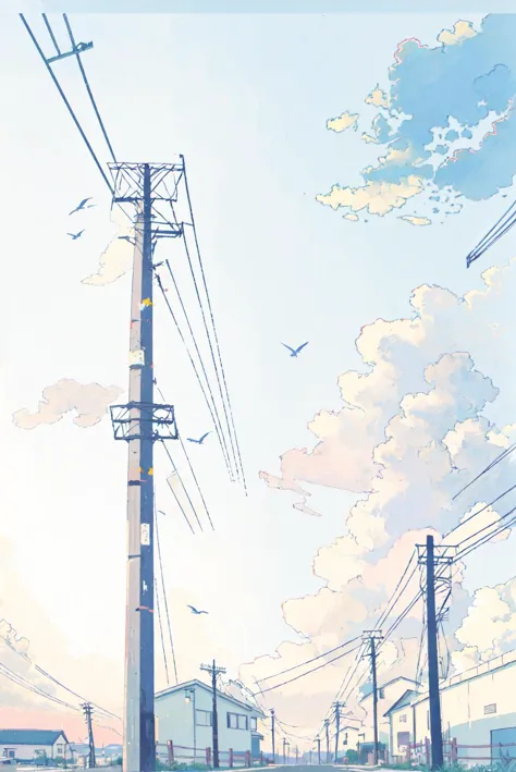 (utility pole:1.5), japan, neon, streets, plant, sky,wires,clouds,flying birds,(ligne claire:0.6),(((best quality))), (((masterpiece))), (((ultra-detailed)))  <lora:LohaWhiteDewStyle_lohaV10:0.9>