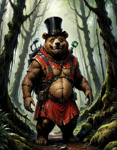 obra de arte famosa (Por Paul Bonner:1.2), ojos expresivos detallados, estilo de fantasía, el oso parlanchín asqueroso, un monstruo travieso, A menudo se pone un sombrero de copa y sonríe perpetuamente., Se arrastra a lo largo de un sendero reconstruido en el denso bosque de musgo retorcido y cubierto de slormspiggled indorgeffle, Sin inmutarse por las nubes que se agitaban peligrosamente sobre su planeta natal, Juckman Prime., (Gran angular:1.3, tiro de cuerpo completo:1.3), Ciencia ficción oscura. Mechanicus techno-cultist in techno gótico temple, vestido de tecno-sacerdotisa con capucha, modesto y ornamentado, rojo lavado y fluido (hecho de placa de circuito negra), (cara cubierta:1.2) máscara tecno-cultista, (múltiple:1.2) brazos, (mecánico tentacle arm) con garras,   mecánico (verde:1.1) eyes, mitad calavera mitad diente, óxido, túnicas rojas sucias con manchas de aceite, asimétrico, (respirator:1.1), masivo (mochila:1.2) with brazos, gótico, (pintura al óleo) (por Jean-François Millet), (por Gustave Courbet) , (por Jules Breton)  