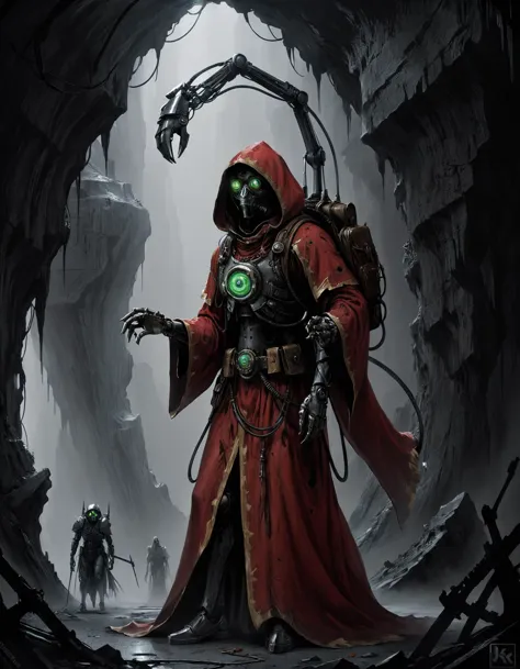 a man in a red robe and a green lantern standing in a cave