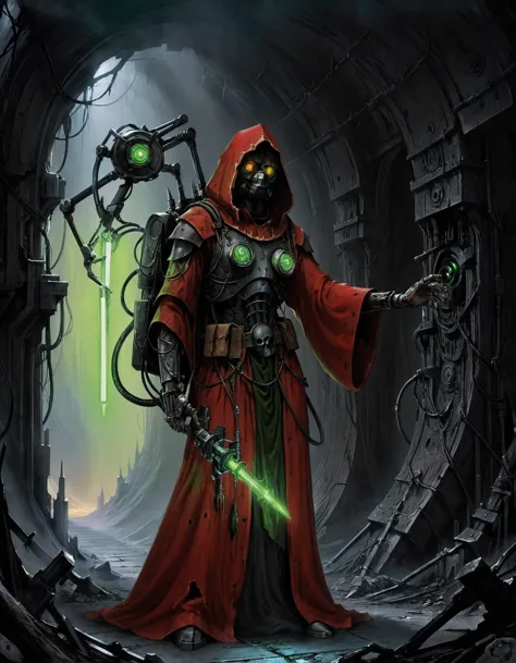 a man in a red robe holding a green light saber