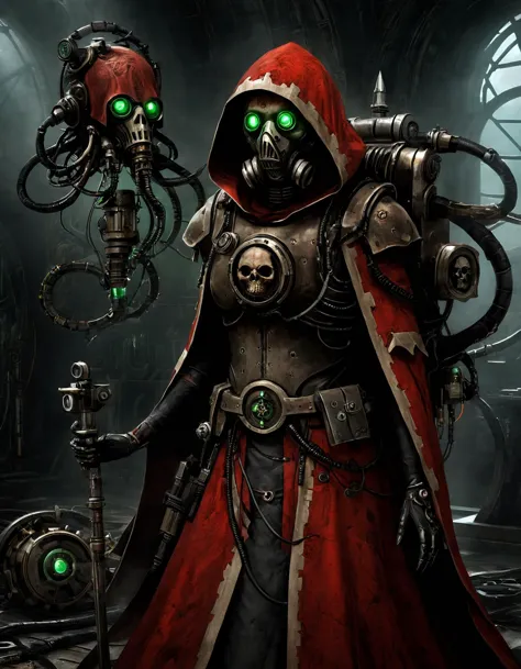 (wide angle:1.3, full body shot:1.3), dark sci-fi. Mechanicus techno-cultist in techno gothic temple, washed up red flowing modest ornate hooded techno-priestess dress (made from black circuit board), (face-covered:1.2) techno-cultist mask, (multiple:1.2) arms, (mechanical tentacle arm) with claws,   mechanical (green:1.1) eyes, half skull half cog, rust, dirty red robes with oil stains, asymmetrical, (respirator:1.1), massive (backpack:1.2) with arms, gothic  <lora:Mechanicus-000005:0.7> , , <lora:add-detail-xl:2.5>, best quality, masterpiece, perfect anatomy, highres, ultra-detailed, 8k wallpaper, illustration, texture, detail, unique, aesthetics, HDR, extremely detailed CG, beautiful detailed eyes, dynamic lighting, cinematic lighting, perfect face, ray tracing