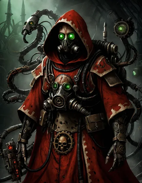 (ângulo amplo:1.3, tiro de corpo inteiro:1.3), ficção científica sombria. Tecnocultista Mechanicus no templo tecnogótico, vestido vermelho lavado e modesto e ornamentado com capuz e sacerdotisa tecnológica (feito de placa de circuito preta), (com o rosto coberto:1.2) máscara tecno-cultista, (múltiplo:1.2) braços, (Mecânico tentacle arm) com garras,   Mecânico (verde:1.1) olhos, meio crânio meio roda dentada, ferrugem, vestes vermelhas sujas com manchas de óleo, assimétrico, (respirador:1.1), enorme (mochila:1.2) with braços, gótico de melhor qualidade, obra de arte, anatomia perfeita, alta resolução, ultra-detalheed, Papel de parede 8k, ilustração, textura, detalhe, unique, estética, HDR, extremely detalheed CG, beautiful detalheed olhos, Iluminação dinâmica, iluminação cinematográfica, Rosto Perfeito, Rastreamento de raio