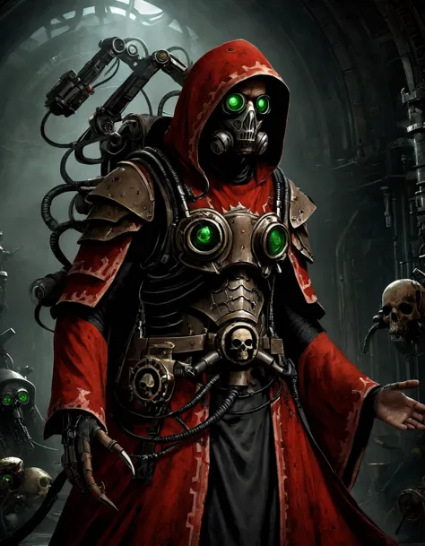 (Gran angular:1.3, tiro de cuerpo completo:1.3), Ciencia ficción oscura. Mechanicus tecno-cultista en templo tecnogótico, vestido de tecno-sacerdotisa con capucha, modesto y ornamentado, rojo lavado y fluido (hecho de placa de circuito negra), (cara cubierta:1.2) máscara tecno-cultista, (múltiple:1.2) brazos, (mecánico tentacle arm) con garras,   mecánico (verde:1.1) eyes, mitad calavera mitad diente, óxido, túnicas rojas sucias con manchas de aceite, asimétrico, (respirator:1.1), masivo (mochila:1.2) with brazos, gótico de la mejor calidad, obra maestra, anatomía perfecta, alta resolución, ultra-detalleed, fondo de pantalla 8k, ilustración, textura, detalle, Único, estética, hdr, extremely detalleed CG, beautiful detalleed eyes, iluminación dinámica, iluminación cinematográfica, cara perfecta, trazado de rayos