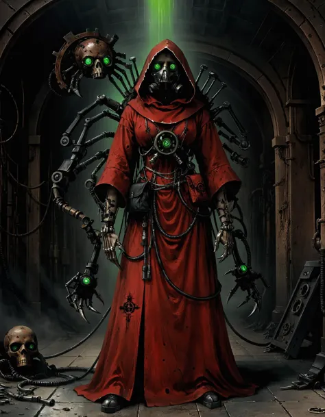 (Gran angular:1.3, tiro de cuerpo completo:1.3), Ciencia ficción oscura. Mechanicus techno-cultist in techno gótico temple, vestido de tecno-sacerdotisa con capucha, modesto y ornamentado, rojo lavado y fluido (hecho de placa de circuito negra), (cara cubierta:1.2) máscara tecno-cultista, (múltiple:1.2) brazos, (mecánico tentacle arm) con garras,   mecánico (verde:1.1) eyes, mitad calavera mitad diente, óxido, túnicas rojas sucias con manchas de aceite, asimétrico, (respirator:1.1), masivo (mochila:1.2) with brazos, gótico, (pintura al óleo) (por Jean-François Millet), (por Gustave Courbet) , (por Jules Breton)  