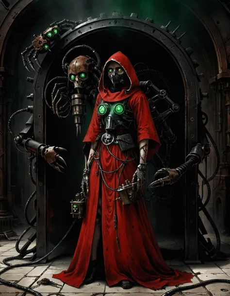 (广角:1.3, 全身照:1.3), 黑暗科幻. Mechanicus techno-cultist in techno 哥特 temple, 洗净的红色飘逸朴素华丽连帽科技女祭司连衣裙 (由黑色电路板制成), (蒙面:1.2) 技术狂热分子面具, (多种的:1.2) 武器, (机械的 tentacle arm) 有爪子,   机械的 (绿色的:1.1) 眼睛, 半个头骨半个齿轮, 锈, 沾满油污的脏红袍, 不对称, (呼吸器:1.1), 大量的 (背包:1.2) with 武器, 哥特, (油画) (作者：让-弗朗索瓦·米勒), (古斯塔夫·库尔贝) , (作者：朱尔斯·布勒东)  