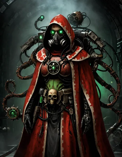 (Gran angular:1.3, tiro de cuerpo completo:1.3), Ciencia ficción oscura. Mechanicus tecno-cultista en templo tecnogótico, vestido de tecno-sacerdotisa con capucha, modesto y ornamentado, rojo lavado y fluido (hecho de placa de circuito negra), (cara cubierta:1.2) máscara tecno-cultista, (múltiple:1.2) brazos, (mecánico tentacle arm) con garras,   mecánico (verde:1.1) eyes, mitad calavera mitad diente, óxido, túnicas rojas sucias con manchas de aceite, asimétrico, (respirator:1.1), masivo (mochila:1.2) with brazos, gótico de la mejor calidad, obra maestra, anatomía perfecta, alta resolución, ultra-detalleed, fondo de pantalla 8k, ilustración, textura, detalle, Único, estética, hdr, extremely detalleed CG, beautiful detalleed eyes, iluminación dinámica, iluminación cinematográfica, cara perfecta, trazado de rayos