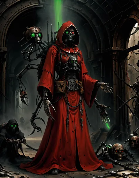 (광각:1.3, 전신샷:1.3), 어두운 공상 과학. Mechanicus techno-cultist in techno 고딕 temple, 빨갛게 흐르는 겸손하고 화려한 후드 테크노 프리스티스 드레스 (검정색 회로 기판으로 제작), (얼굴을 가린:1.2) 기술주의자 마스크, (다수의:1.2) 무기, (기계 tentacle arm) 발톱으로,   기계 (녹색:1.1) 눈, 해골 반 톱니바퀴 반, 녹, 기름 얼룩이 묻은 더러운 빨간 로브, 비대칭, (마스크:1.1), 엄청난 (배낭:1.2) with 무기, 고딕, (오일 페인팅) (작성자 : Jean-François Millet), (by 귀스타브 쿠르베) , (제작: Jules Breton)  