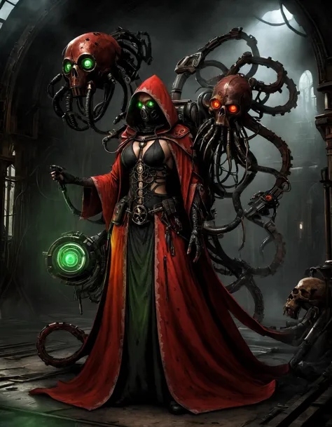 (ângulo amplo:1.3, tiro de corpo inteiro:1.3), ficção científica sombria. Tecnocultista Mechanicus no templo tecnogótico, vestido vermelho lavado e modesto e ornamentado com capuz e sacerdotisa tecnológica (feito de placa de circuito preta), (com o rosto coberto:1.2) máscara tecno-cultista, (múltiplo:1.2) braços, (Mecânico tentacle arm) com garras,   Mecânico (verde:1.1) olhos, meio crânio meio roda dentada, ferrugem, vestes vermelhas sujas com manchas de óleo, assimétrico, (respirador:1.1), enorme (mochila:1.2) with braços, gótico de melhor qualidade, obra de arte, anatomia perfeita, alta resolução, ultra-detalheed, Papel de parede 8k, ilustração, textura, detalhe, unique, estética, HDR, extremely detalheed CG, beautiful detalheed olhos, Iluminação dinâmica, iluminação cinematográfica, Rosto Perfeito, Rastreamento de raio