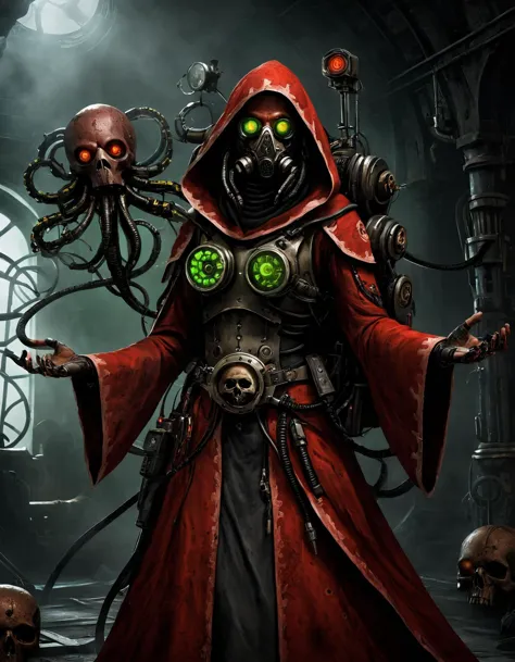 (wide angle:1.3, full body shot:1.3), dark sci-fi. Mechanicus techno-cultist in techno gothic temple, washed up red flowing modest ornate hooded techno-priestess dress (made from black circuit board), (face-covered:1.2) techno-cultist mask, (multiple:1.2) arms, (mechanical tentacle arm) with claws,   mechanical (green:1.1) eyes, half skull half cog, rust, dirty red robes with oil stains, asymmetrical, (respirator:1.1), massive (backpack:1.2) with arms, gothic  <lora:Mechanicus-000005:0.7> , , <lora:add-detail-xl:2.5>, best quality, masterpiece, perfect anatomy, highres, ultra-detailed, 8k wallpaper, illustration, texture, detail, unique, aesthetics, HDR, extremely detailed CG, beautiful detailed eyes, dynamic lighting, cinematic lighting, perfect face, ray tracing