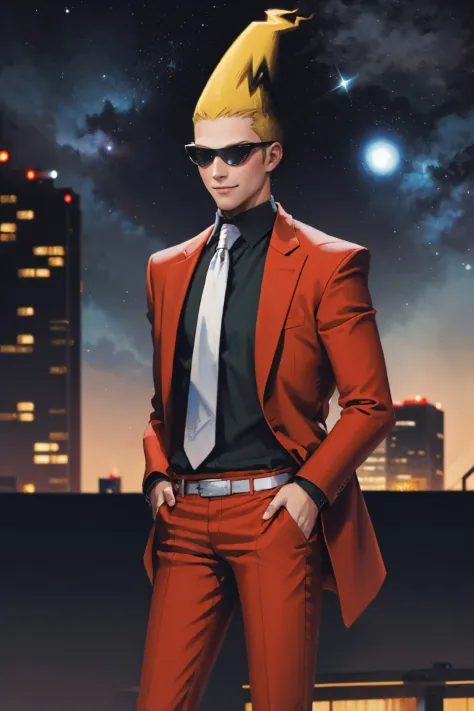 (masterpiece, best quality:1.2), cowboy shot, solo, male focus, 1boy, sissel, smile, hands in pockets, sunglasses, formal, red jacket, black shirt, white necktie, red pants, night, star \(sky\), cityscape <lora:ghosttrick_sissel:1.0>