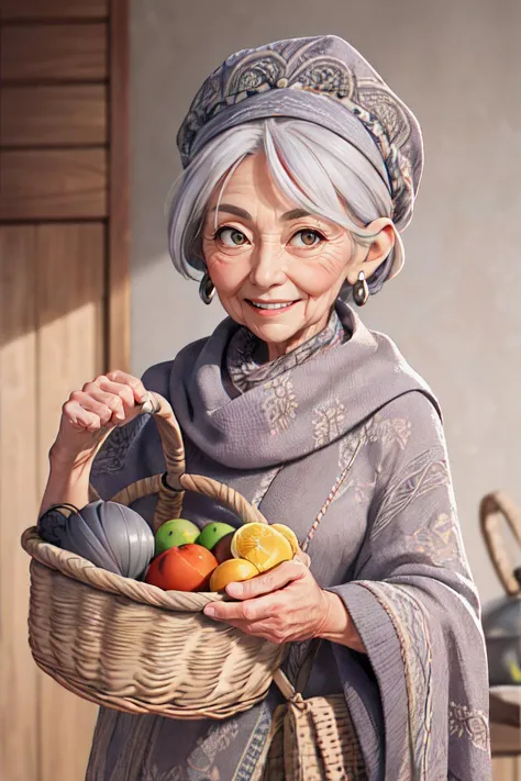 there is a woman holding a basket of fruit in a kitchen